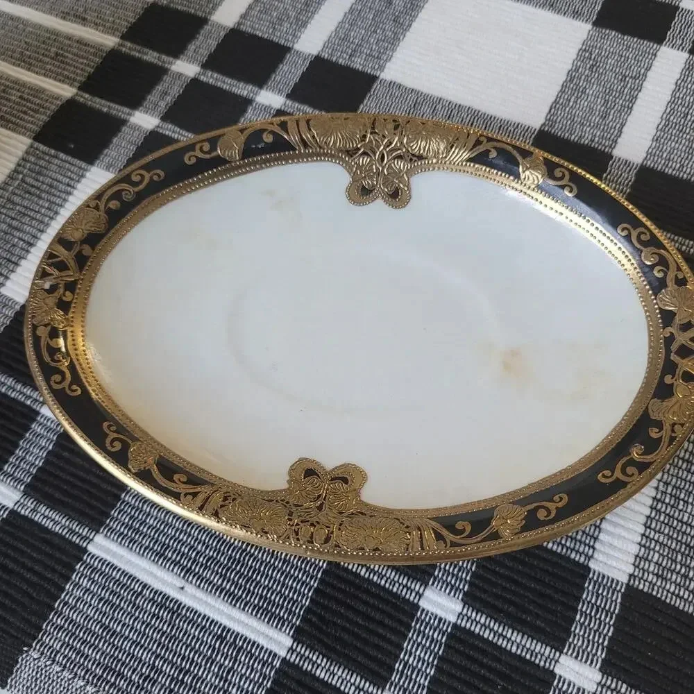 Antique Noritake Creamer Cup Saucer Japan Jeweled Gold Black Beaded Crestwood